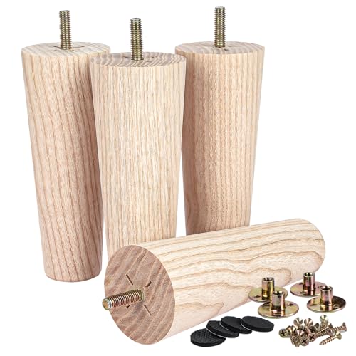6 inch Unfinished Ash Wood Furniture Legs, LAVANE Set of 4 Mid-Century Modern Tapered Wooden Replacement Feet with Pre-Drilled 5/16 Inch Bolt &
