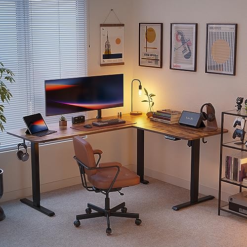 FEZIBO L Shaped Standing Desk Adjustable Height, 63 Inch Electric Stand up Corner Computer Desk, Sit Stand Home Office Desk with Splice Board, Rustic