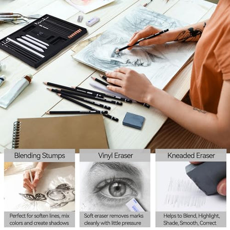 PANDAFLY Drawing Sketching Pencil Set, 22 Piece Pro Art Pencil Kit - Graphite Pencils (12B-2H), Black and White Charcoal Pencils, Charcoal Sticks, PANDAFLY