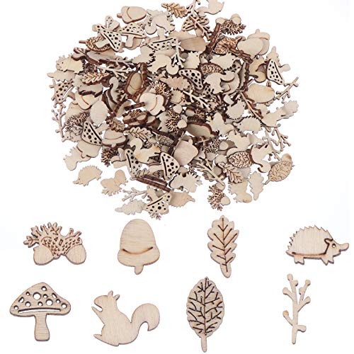 300Pcs Wooden Embellishments,Mushroom Squirrel Shape Wooden Cutouts Wooden Scrapbooking DIY Handmade Crafts Children Graffiti Home Decor Wooden Leaf Haiabei