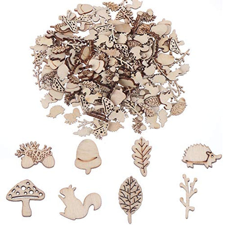300Pcs Wooden Embellishments,Mushroom Squirrel Shape Wooden Cutouts Wooden Scrapbooking DIY Handmade Crafts Children Graffiti Home Decor Wooden Leaf Haiabei