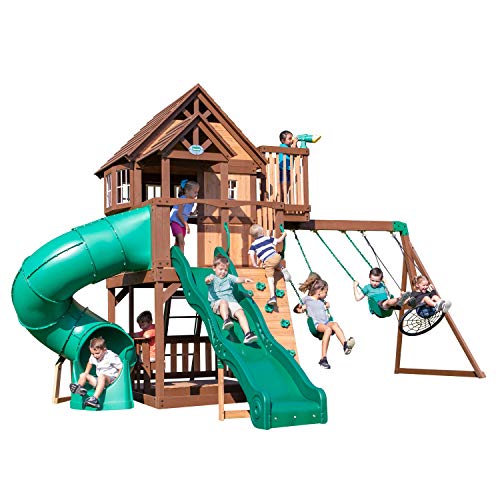 Backyard Discovery Skyfort All Cedar Swing Set, Elevated Covered Wood Roof Clubhouse with Bay Windows, 2 Belt Swings, Web Swing, 10ft Wave Slide, 5