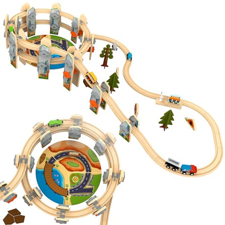 ORBRIUM 141 Pcs National Park Spiral Wooden Train Set STEAM STEM Multi-Level Compatible with Brio, Thomas Wooden Railway Orbrium