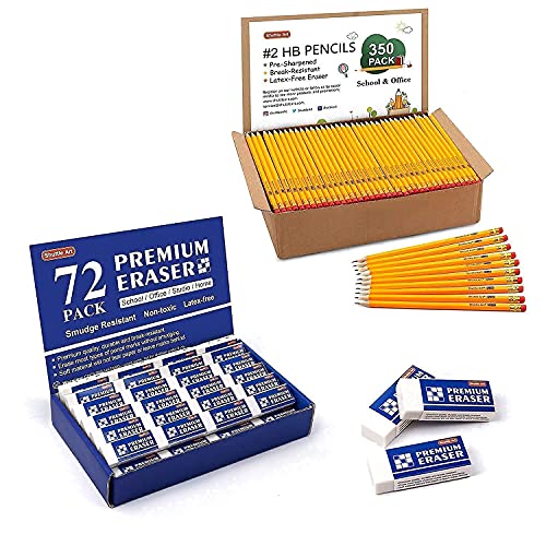 Shuttle Art Pencils and Erasers Bundle, Set of 350 Pack Sharpened Yellow Pencils + 72 Pack Premium White Erasers Bulk Shuttle Art