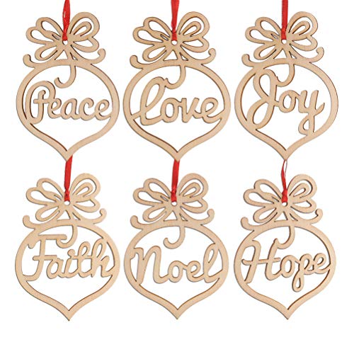 SUPVOX 6PCS Christmas Wooden Hollow Out Pendant Ornament Wood Peath Love Joy Faith Noel Hope Hanging Decorations SUPVOX