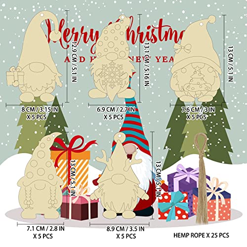 25 Pieces Christmas Wooden Gnome Cutouts Slices Unfinished Blank Wood Hanging Ornaments with 25 Ropes for Christmas Tree DIY Craft Making Painting PEVOGON