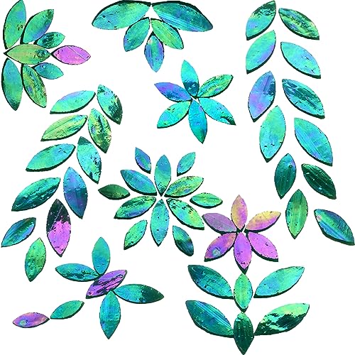 KALUCION 120 Pcs Iridescent Green Petal Mosaic Tiles, Hand Cut Stained Glass Petals, Floral Mosaic Tiles, Tiffany Glass Flower Petals Supplies Kit KALUCION
