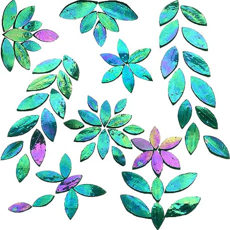 KALUCION 120 Pcs Iridescent Green Petal Mosaic Tiles, Hand Cut Stained Glass Petals, Floral Mosaic Tiles, Tiffany Glass Flower Petals Supplies Kit KALUCION