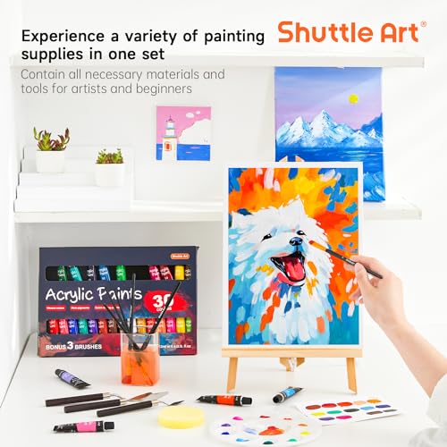 Shuttle Art 54 Pack Acrylic Paint Set, Acrylic Painting Set with 30 Colors Acrylic Paint, Wooden Easel, Painting Canvas, Paint Brushes, Palette, Art Shuttle Art