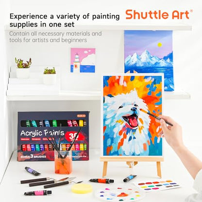 Shuttle Art 54 Pack Acrylic Paint Set, Acrylic Painting Set with 30 Colors Acrylic Paint, Wooden Easel, Painting Canvas, Paint Brushes, Palette, Art - WoodArtSupply