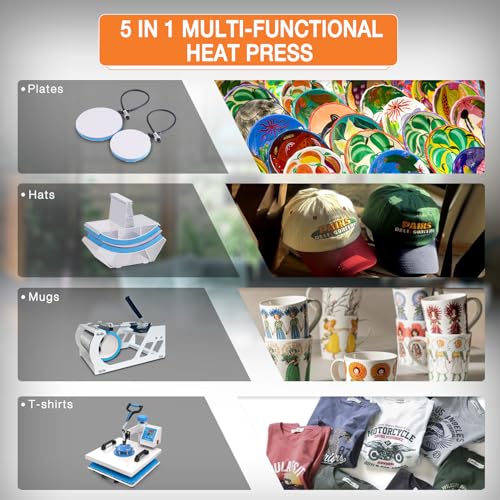 HORGELU 5 in 1 Heat Press Machine 15x15 Inch Heat Transfer Machine 360-Degree Swing Away Multifunction Digital Sublimation Combo Heat Press for T - WoodArtSupply