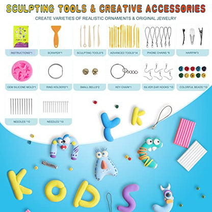 Polymer Clay 60 Colors, Modeling Clay for Kids Oven Baked Model Clay Non-Sticky with Sculpting Tools DIY Starter Kits,and Accessories,Great Gift for