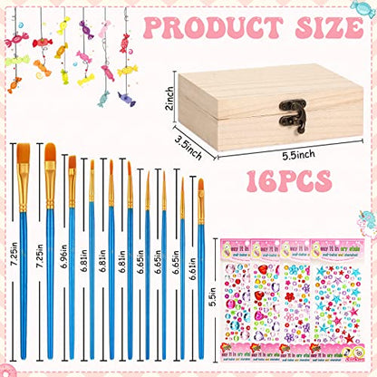 30 Pcs Unfinished Wooden Boxes for Crafts, 16 Pcs 6 x 4 x 2 Inches Wood Treasure Chest Box with Hinged Lids and 10 Pcs Paint Brushes with 4 Sheets