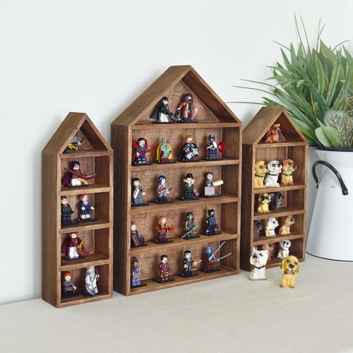 Ikee Design 3 Pcs Set House-Shaped Shelf Wooden Shadow Cubby Box Display Shelf Organizer Storage Display Shadow Box for Mini Figures,15 Compartments, Ikee Design