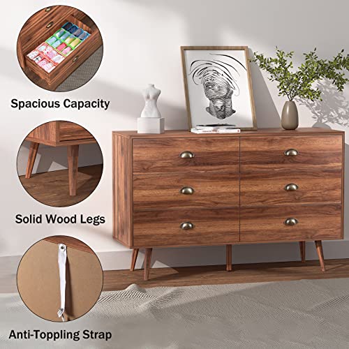 JOZZBY 6 Drawer Dresser with Metal Handle for Bedroom, Mid-Century, Modern Walnut Wood Dresser Chest of Drawers for Living Room, Hallway JOZZBY