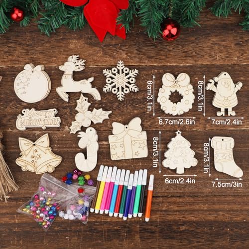 60pcs DIY Wooden Christmas Ornaments, Unfinished Wood Xmas Decorations Paintable Christmas Tree Ornaments for Christmas DIY Crafts PEUTIER