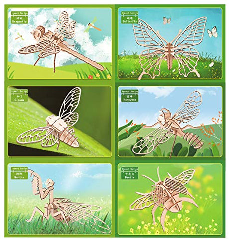 3D Wooden Insect Puzzle Set - 6 Engaging Models for DIY Assembly and Educational Fun i-CHONY