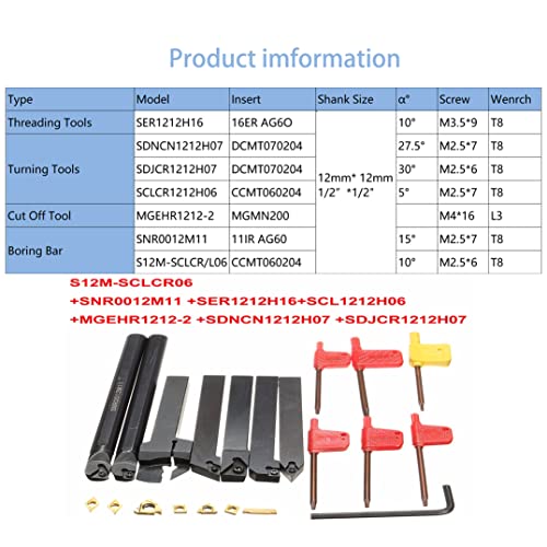 1/2" CNC Carbide Lathe Turning Insert Tool, 12mm Shank Indexable Lathe Boring Bar Turning Tool Holder Set With Carbide Inserts For Semi-finishing and
