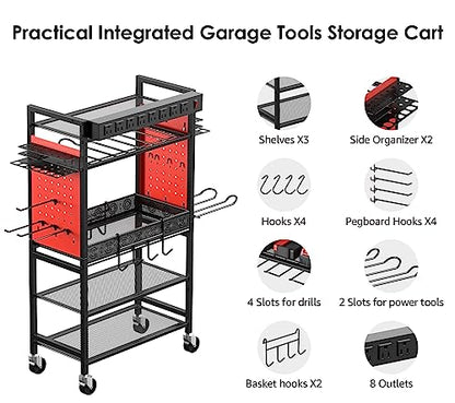 CCCEI Power Tool Organizer Cart with Charging Station, Garage Floor Rolling Storage Cart on Wheels for Mechanic, Mobile 6 Drill, Tool Box Utility - WoodArtSupply