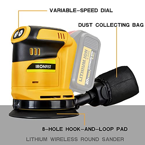 IRONFIST Random Orbit Sander for DEWALT Lithium Battery, 5inch Electric Palm Sander/Polisher 3 Speed Setting with Dust Bag with Sandpaper & Polishing IRONFIST