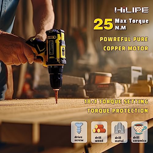 HILIPE Drill Set,12V Cordless Drill with Battery and Charger, Home Electric Power Drill Cordless, 3/8-Inch Keyless Chuck, 2 Variable Speed, 18+1 - WoodArtSupply