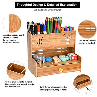 Marbrasse Wooden Pen Organizer, Multi-Functional DIY Pen Holder Box, Desktop Stationary, Easy Assembly, Home Office Art Supply Organizer Storage with