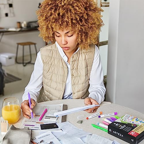 ARTEZA Gel Highlighters & Black Pens Set, Pack of 24 with Sharpener, Smudge-Free, Essential Office and School Writing Supplies, for Bibles, Books, ARTEZA