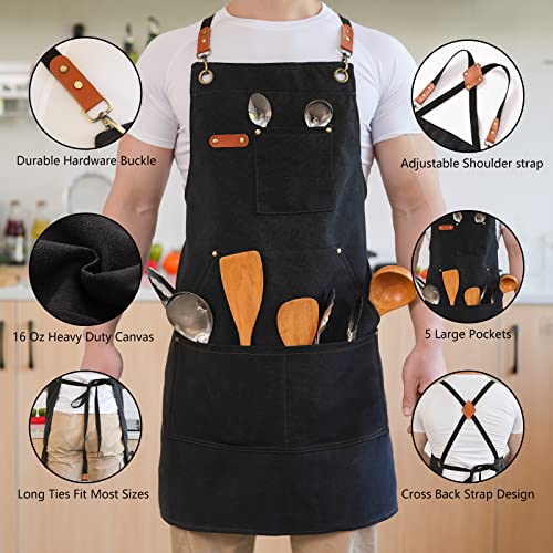 Aoomzoon Canvas Aprons for Men Chef Apron, Work Apron with Large Pockets - Durable 16oz Heavy Duty Cross Back, BBQ, Cooking (Black②, 1 Pack) Aoomzoon