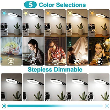 TOMSOO 5X Magnifying Glass with Light and Clamp, 5 Color Modes Stepless Dimmable Lighted Magnifier with Stand, Flexible Gooseneck LED Desk Lamp Hands TOMSOO