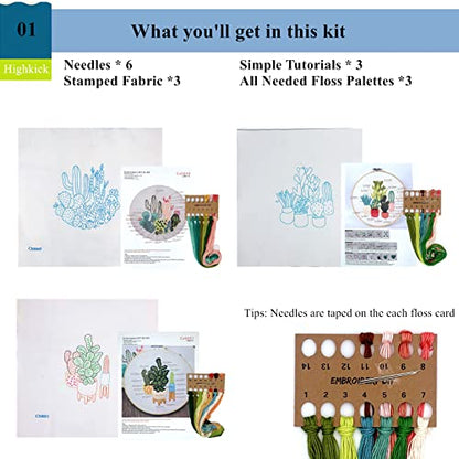 Highkick Embroidery Starter Kits for Adults Beginners with Stamped Pattern, Embroidery Floss + Needles + Hoop, Cactus Series, 3 Pack - WoodArtSupply