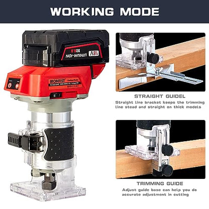 IRONFIST Cordless Trimmer Router Multiple Function Brushelss 1/4" Bit Collet, Max Speed 30000rpm for Wood Working Slotting, Trimming Compatible with - WoodArtSupply