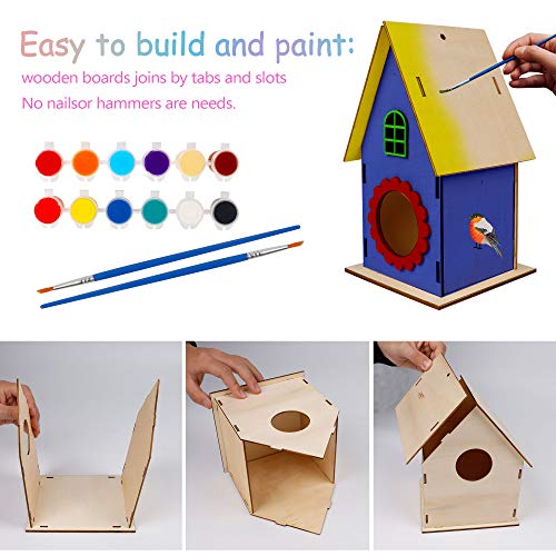 Glintoper Art Craft Wood Toys for Kids, 4 Pack DIY Bird House Kit Painting Puzzle DIY Wooden Assembly, Build and Paint Birdhouse, Include Paints & Glintoper