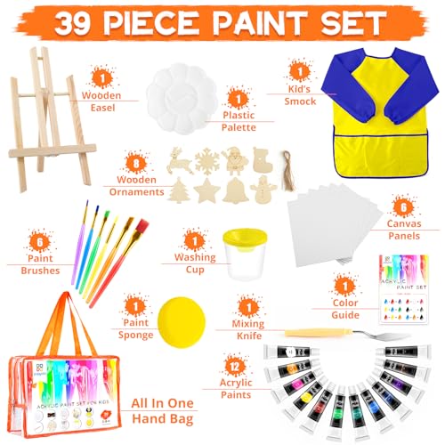 POPYOLA Acrylic Paint Set for Kids with Portable Gift Bag, Art Supplies Kids Painting Set with Non Toxic Paints, Smock, Easel, Ornaments, Paint