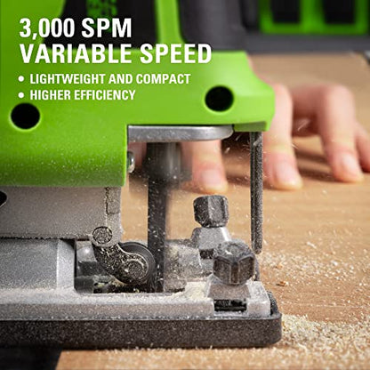 Greenworks 24V Brushless Jig Saw，1*2AH Battery+2A adaptor, 6PCS Blades (4 x Saw blade for woodworking. 2 x Saw blade for metal) - WoodArtSupply