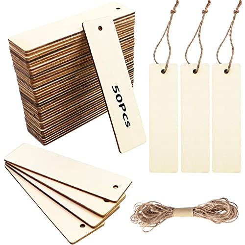 Blank Wood Bookmarks, 50 Pack Unfinished Wood Crafts, Hanging Tags Rectangle Shape Blank Bookmark Ornaments with Holes and Ropes for DIY Bookmarks - WoodArtSupply