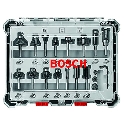 BOSCH 1617EVSPK Wood 12 Amp Router Tool Combo Kit - 2.25 Horsepower Plunge Router & Fixed Base with a Variable Speed&BOSCH 15 pc. Carbide-Tipped Wood