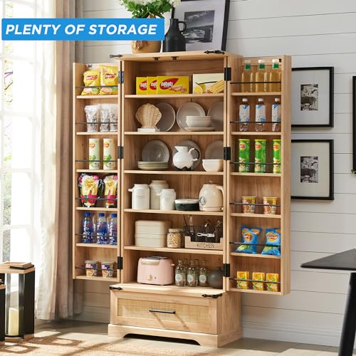 ACCOHOHO 72" Tall Rattan Kitchen Pantry Cabinet with Drawer, Boho Storage Cabinet with 2 Rattan Doors and Shelves, Versatile Large Cabinet for Dining ACCOHOHO