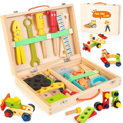 Bravmate Wooden Kids Tool Set - 37 Pcs Montessori Building Kit Toy with Tool Box, STEM Educational Toys for 2 3 4 5 6 Year Old Boys Girls Toddlers, Christmas Birthday Gift for Kids