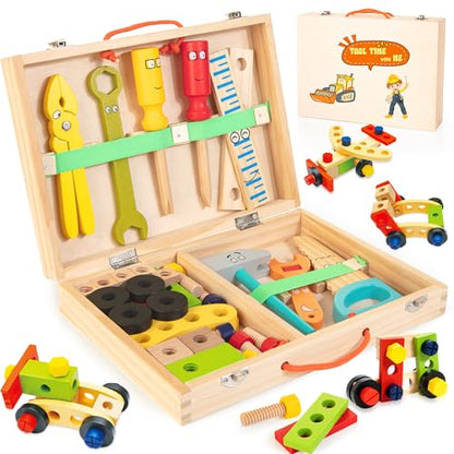 Bravmate Wooden Kids Tool Set - 37 Pcs Montessori Building Kit Toy with Tool Box, STEM Educational Toys for 2 3 4 5 6 Year Old Boys Girls Toddlers,