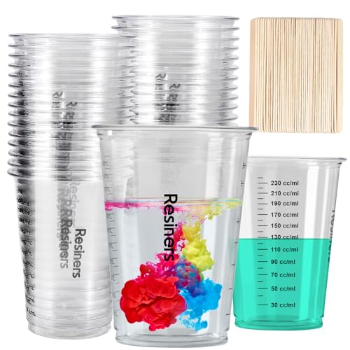 Resiners 30pcs Disposable Epoxy Resin Mixing Cups, Plastic Measuring Cups with 50pcs Wooden Stir Sticks, Mixing Containers for Resins, Paint, - WoodArtSupply