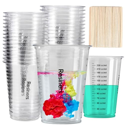 Resiners 30pcs Disposable Epoxy Resin Mixing Cups, Plastic Measuring Cups with 50pcs Wooden Stir Sticks, Mixing Containers for Resins, Paint, - WoodArtSupply