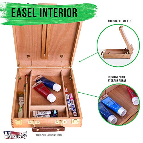 U.S. Art Supply Antigua Adjustable Wood Table Sketchbox Easel, Premium Beechwood - Portable Wooden Artist Desktop Storage Case - Store Art Paint, US Art Supply