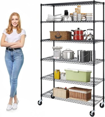 YRLLENSDAN 6 Tier Wire Shelving Unit 6000lbs Capacity Metal Storage Shelves with Wheels Height Adjustable Heavy Duty Steel Shelf for Kitchen