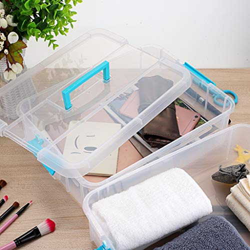BTSKY 2 Layer Stack & Carry Box, Plastic Multipurpose Portable Storage Container Box Handled Organizer Storage Box for Organizing Stationery, Sewing, BTSKY