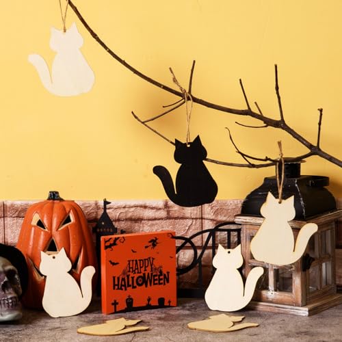 36 Pcs Wood Cat Cutouts Unfinished Wooden Cat Shaped Hanging Ornaments with Hole Blank Wood Cat Slices Wood Halloween Present Tags with Twine for