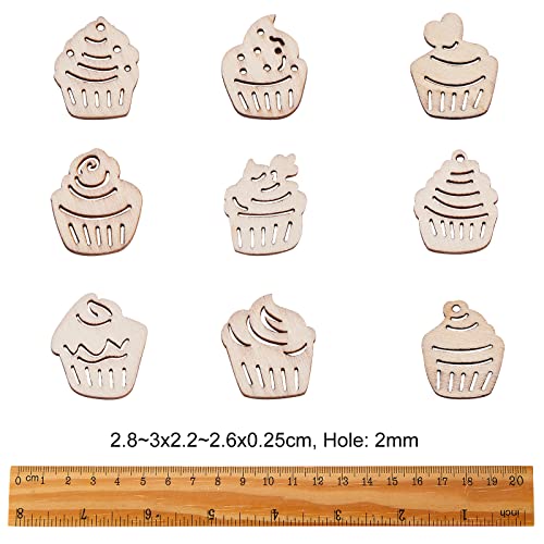 KitBeads 100pcs Random Hollow Cake Unfinished Wood Cutouts Wooden Cupcake Dessert Theme Filligree Wooden Ornament for DIY Crafts Home Decorations