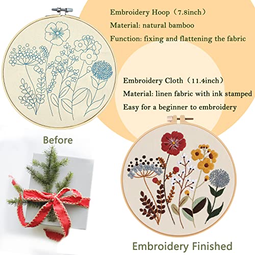 Picoey Flower Embroidery Kit for Beginners with Pattern and Instructions,4 Pack Cross Stitch Kits,2 Wooden Embroidery Hoops,Threads and Picoey