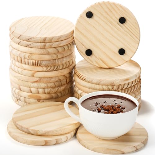 Dicunoy 24 PCS Unfinished Wood Coasters, 4 Inch Round Blank Wood Coaster for Crafts, Thick Coasters with 96 PCS Foam Knots for DIY Mosaic Coasters, Dicunoy