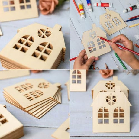 Tofficu 10Pcs House Wood Cutouts Wooden House Shaped Craft Shapes Unfinished Wood Embellishment Slices Hanging Ornaments with Ropes Gift Tags for DIY Tofficu