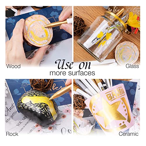 JR.WHITE Metallic Markers Pens, Silver and Gold Paint Pens, Value Set of 12 Metallic Pens for Black Paper, Glass, Rock Painting, Halloween Pumpkin, JR.WHITE